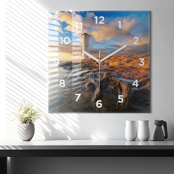 Ceas pătrat de perete din sticlă Farul și Marea Baltică