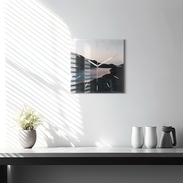 Ceas pătrat de perete din sticlă Lac și munți