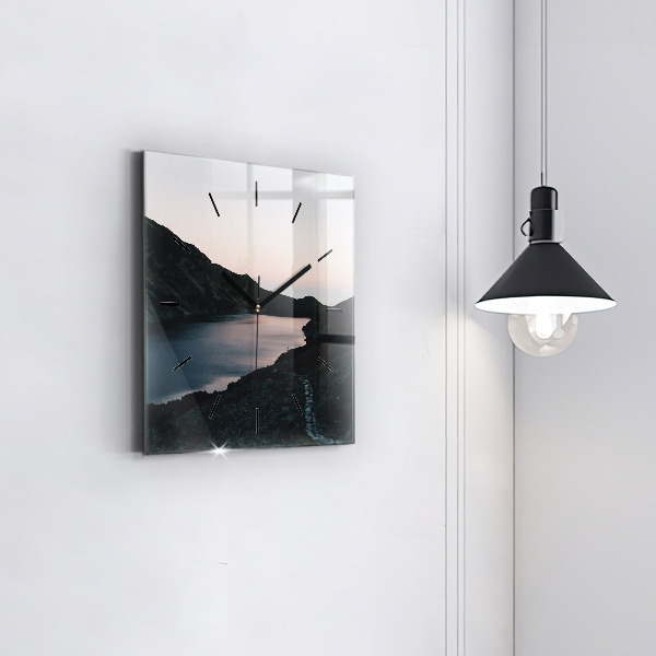 Ceas pătrat de perete din sticlă Lac și munți