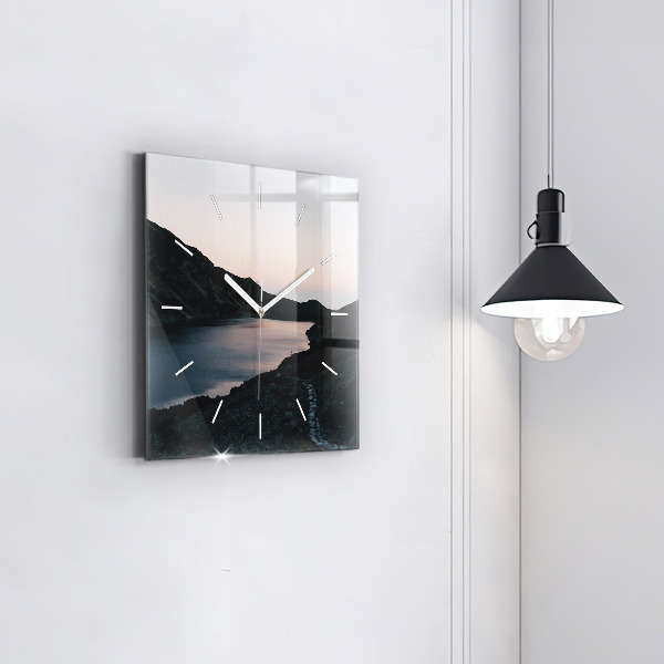Ceas pătrat de perete din sticlă Lac și munți