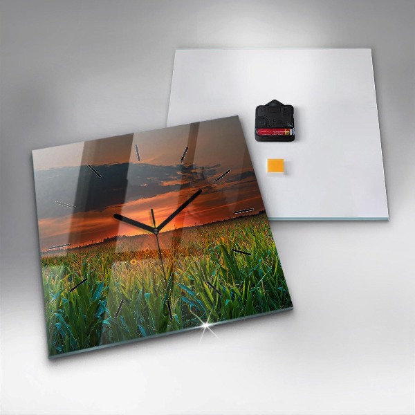 Ceas pătrat de perete din sticlă Floarea soarelui în pajiște