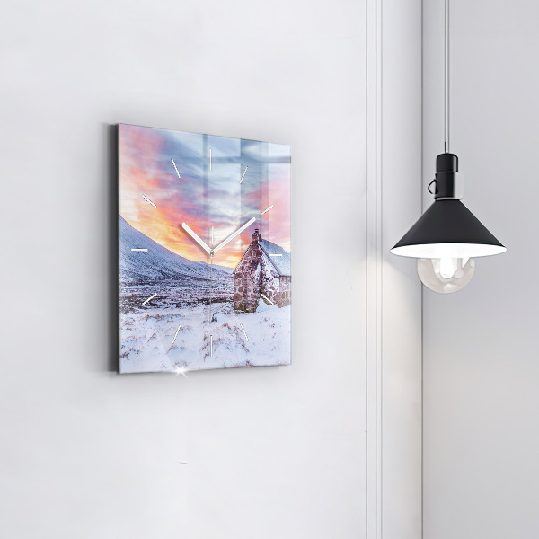 Ceas pătrat de perete din sticlă Cabană la munte