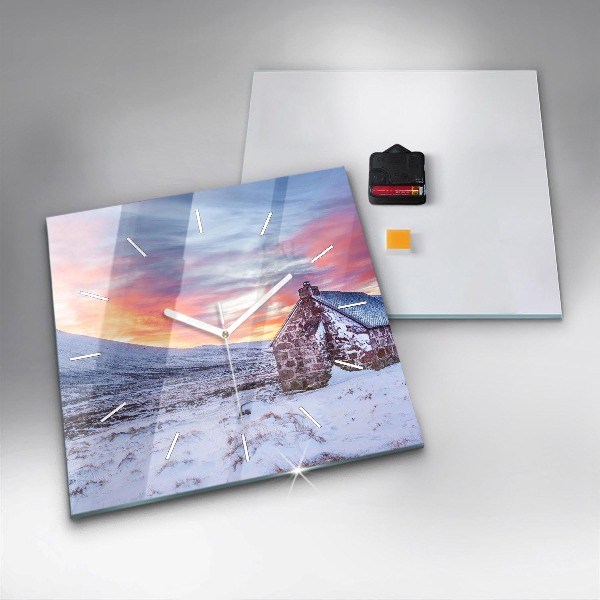 Ceas pătrat de perete din sticlă Cabană la munte