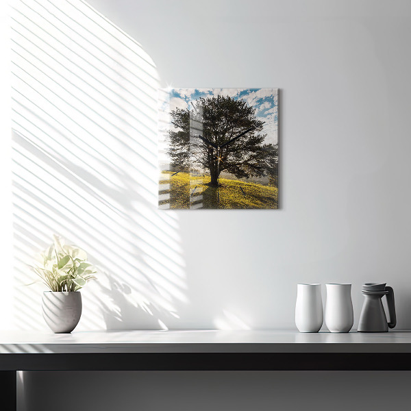 Ceas pătrat de perete din sticlă Un copac pe un deal