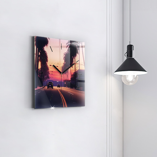 Ceas pătrat de perete din sticlă Apus de soare în LA