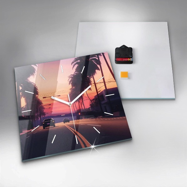 Ceas pătrat de perete din sticlă Apus de soare în LA