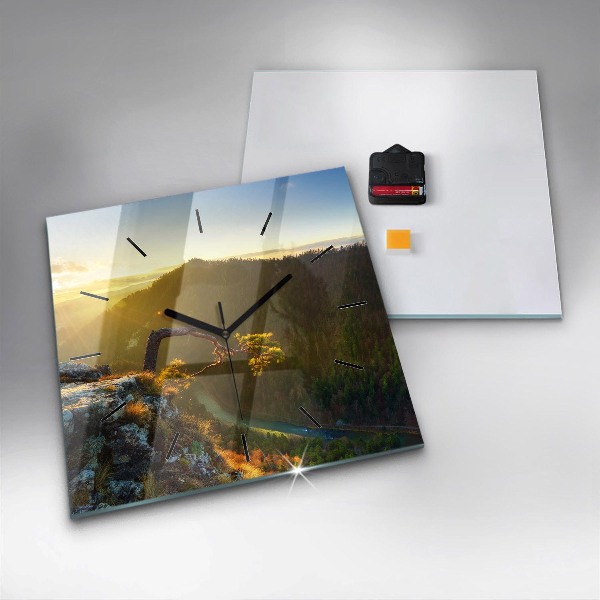 Ceas pătrat de perete din sticlă Apus peste munți