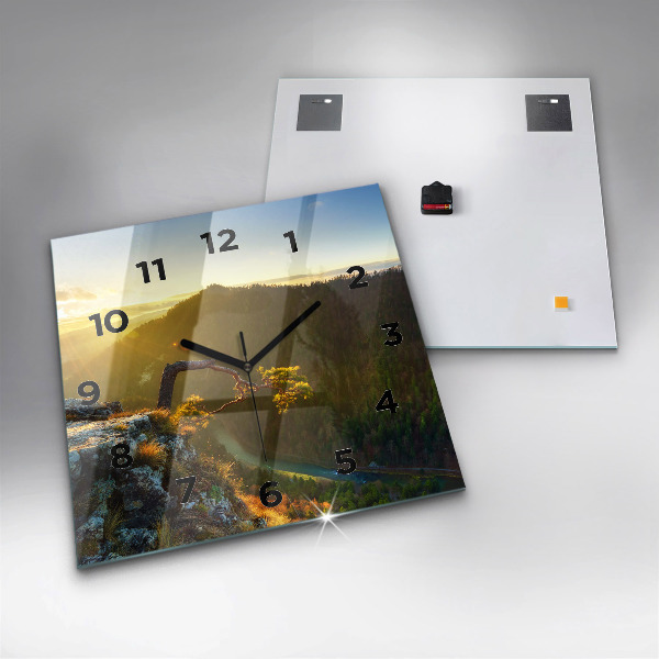 Ceas pătrat de perete din sticlă Apus peste munți
