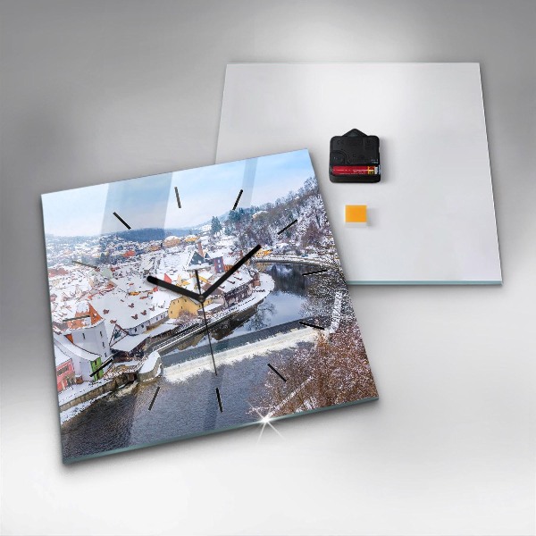 Ceas pătrat de perete din sticlă Panorama orasului iarna