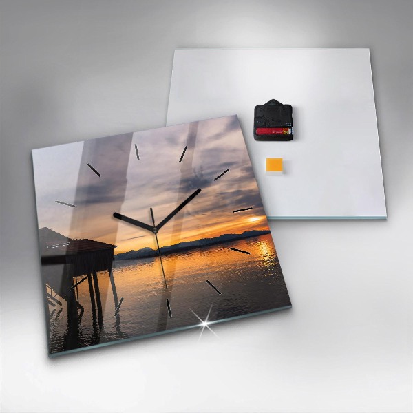 Ceas pătrat de perete din sticlă Apus peste lac