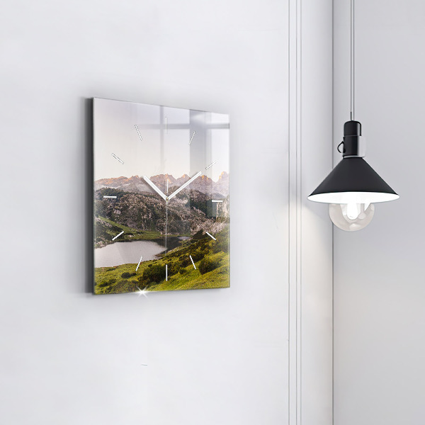 Ceas pătrat de perete din sticlă Lacul și munții Pirinei