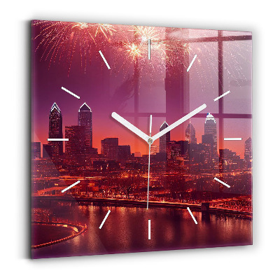 Ceas pătrat de perete din sticlă Oraș noaptea în Philadelphia