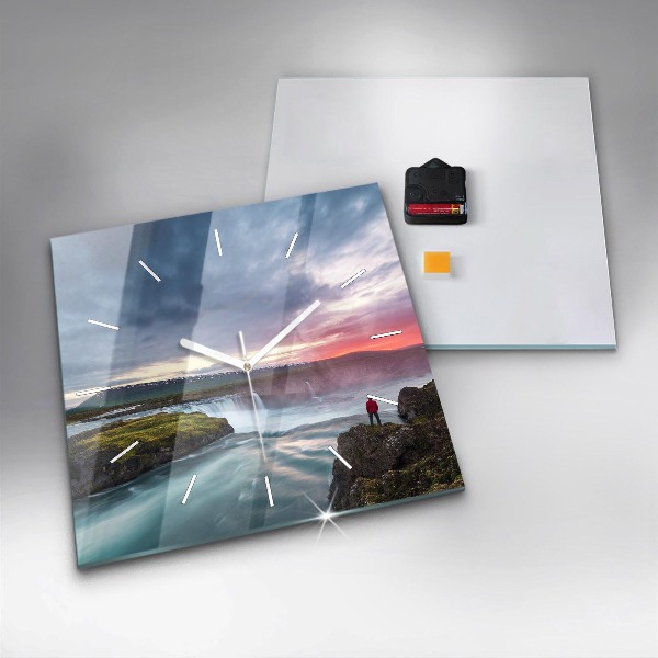 Ceas pătrat de perete din sticlă Peisaj cu o cascadă