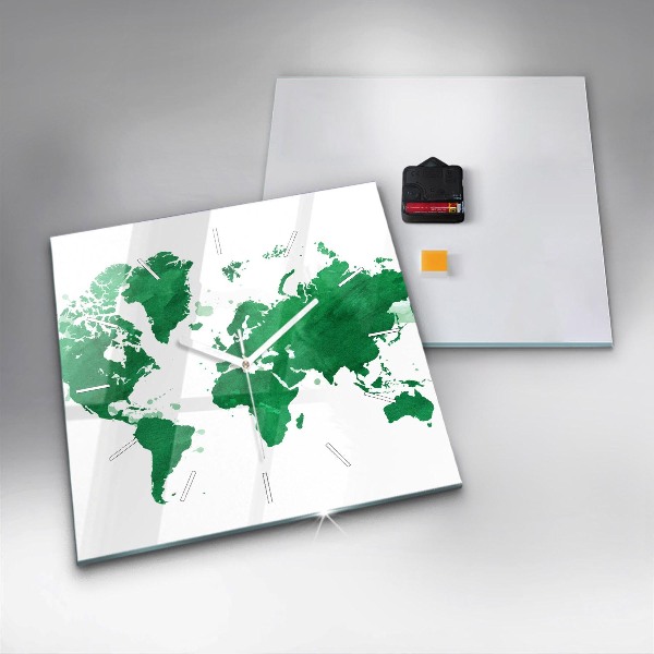 Ceas pătrat de perete din sticlă Harta verde a lumii