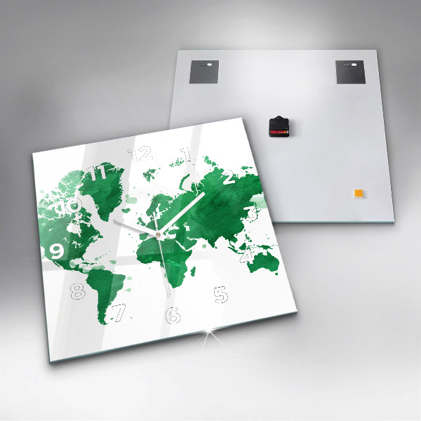 Ceas pătrat de perete din sticlă Harta verde a lumii