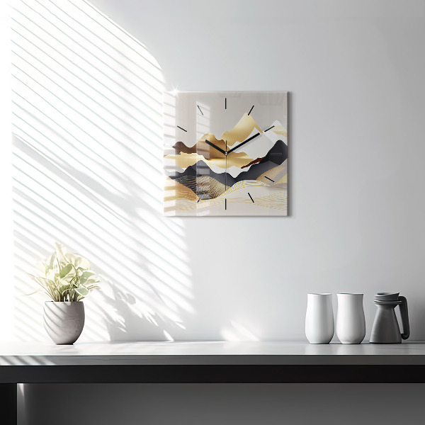 Ceas pătrat de perete din sticlă Munți de aur abstracti