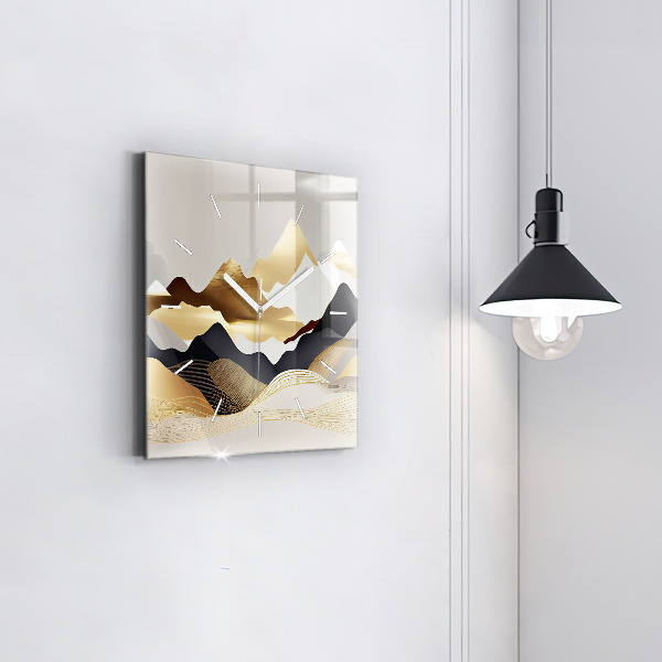 Ceas pătrat de perete din sticlă Munți de aur abstracti