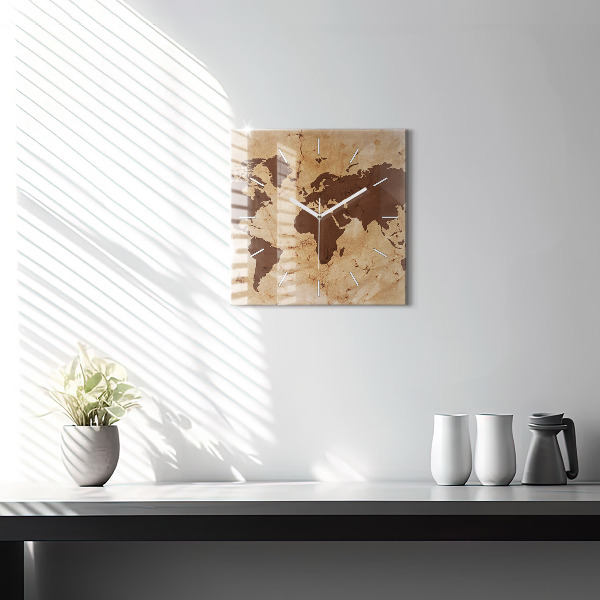 Ceas pătrat de perete din sticlă Harta lumii vintage