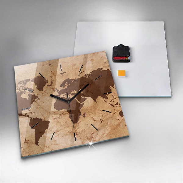 Ceas pătrat de perete din sticlă Harta lumii vintage