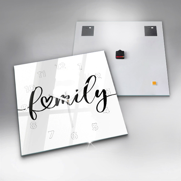 Ceas pătrat de perete din sticlă Inscripție de familie și inimă