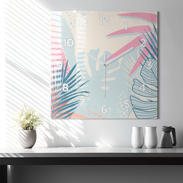 Ceas pătrat de perete din sticlă Frunze pastelate – tropice
