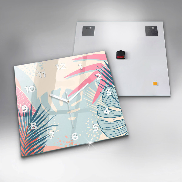 Ceas pătrat de perete din sticlă Frunze pastelate – tropice