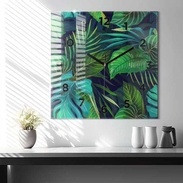 Ceas pătrat de perete din sticlă Frunze exotice
