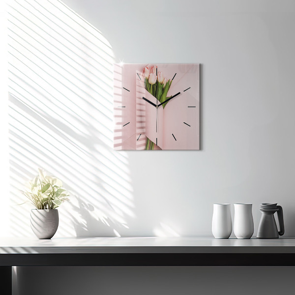 Ceas pătrat de perete din sticlă Buchet de flori de lalele