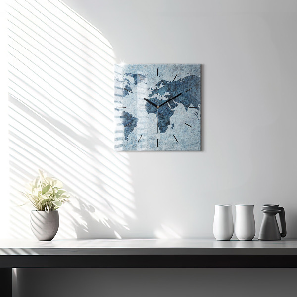 Ceas pătrat de perete din sticlă Harta lumii pictată