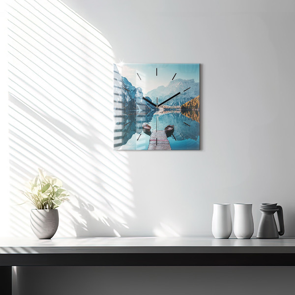 Ceas pătrat de perete din sticlă Barci pe lac