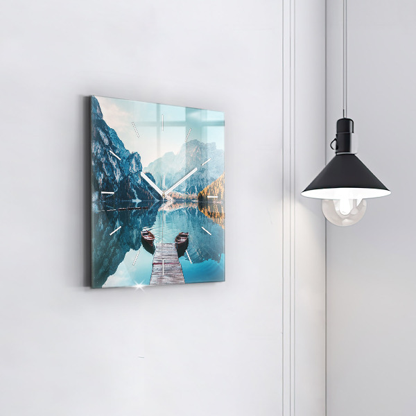 Ceas pătrat de perete din sticlă Barci pe lac