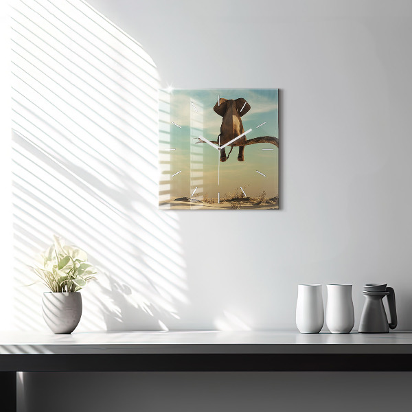 Ceas pătrat de perete din sticlă Elefant într-un copac