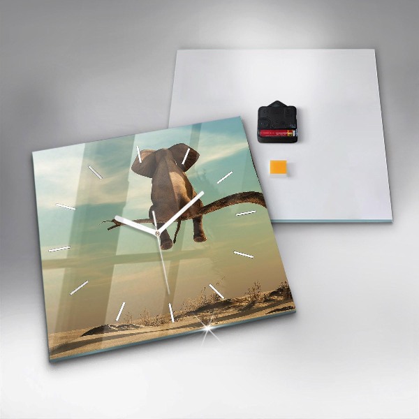 Ceas pătrat de perete din sticlă Elefant într-un copac