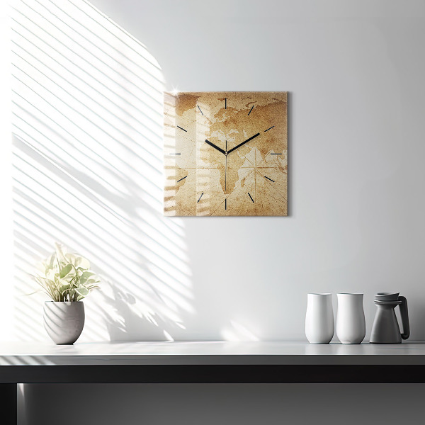 Ceas pătrat de perete din sticlă Harta lumii vintage