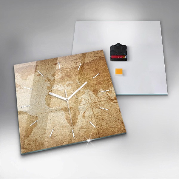 Ceas pătrat de perete din sticlă Harta lumii vintage