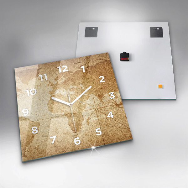 Ceas pătrat de perete din sticlă Harta lumii vintage