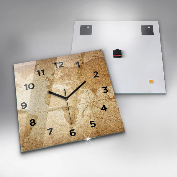 Ceas pătrat de perete din sticlă Harta lumii vintage