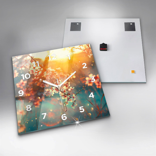 Ceas pătrat de perete din sticlă Flori de primavara