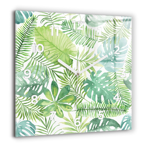 Ceas pătrat de perete din sticlă Frunze verzi