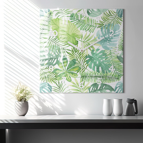 Ceas pătrat de perete din sticlă Frunze verzi