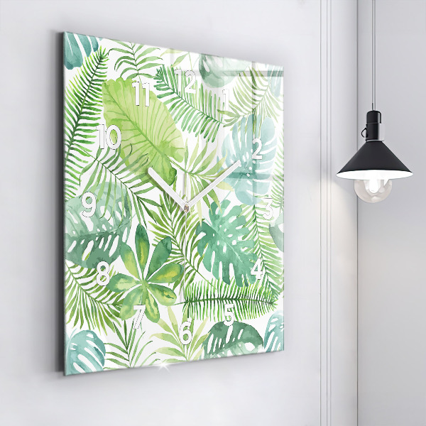 Ceas pătrat de perete din sticlă Frunze verzi