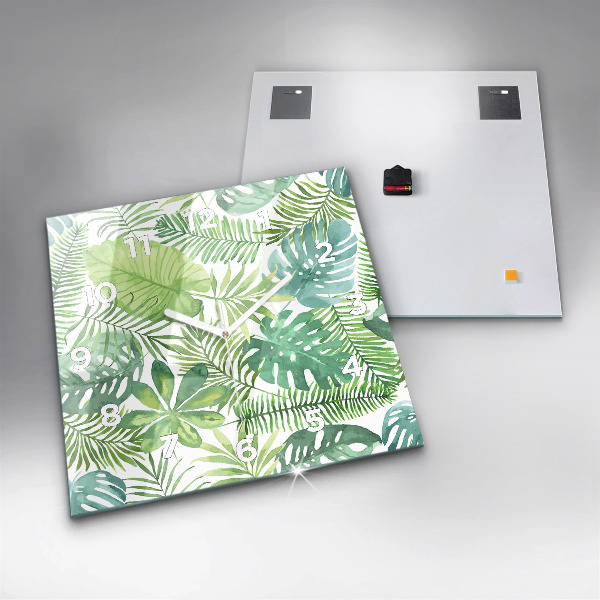 Ceas pătrat de perete din sticlă Frunze verzi