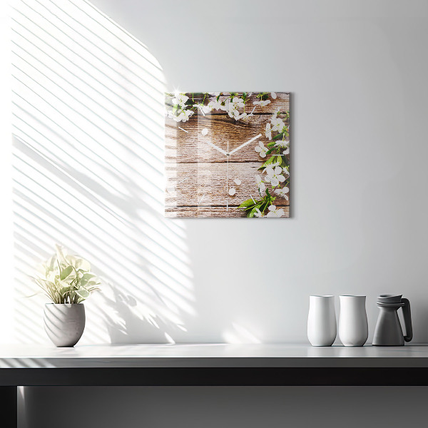 Ceas pătrat de perete din sticlă Flori pe lemn