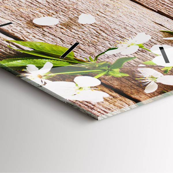 Ceas pătrat de perete din sticlă Flori pe lemn