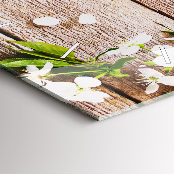 Ceas pătrat de perete din sticlă Flori pe lemn