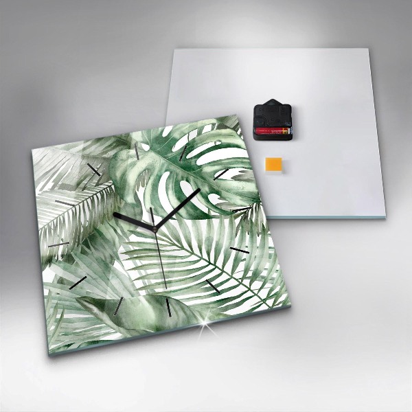Ceas pătrat de perete din sticlă Frunze de plante pictate