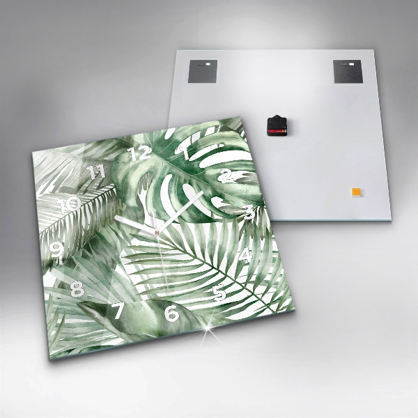 Ceas pătrat de perete din sticlă Frunze de plante pictate