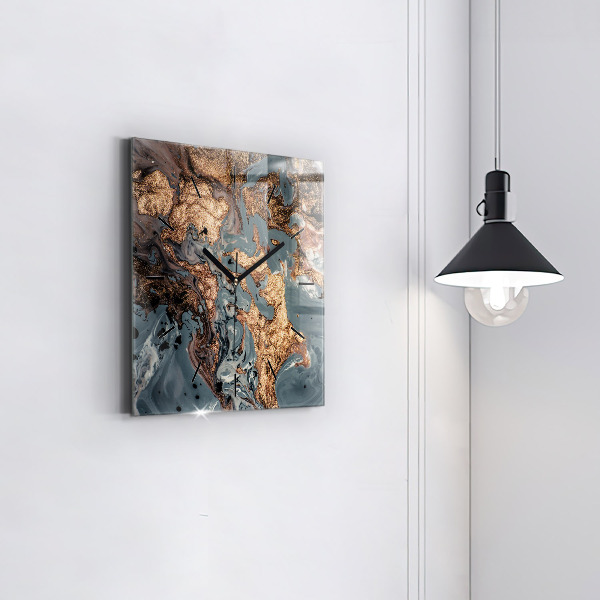Ceas pătrat de perete din sticlă Abstracția aurului din marmură