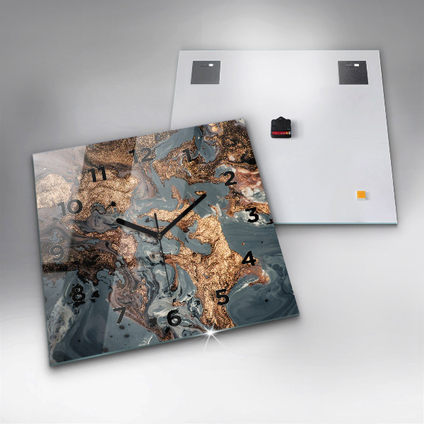 Ceas pătrat de perete din sticlă Abstracția aurului din marmură