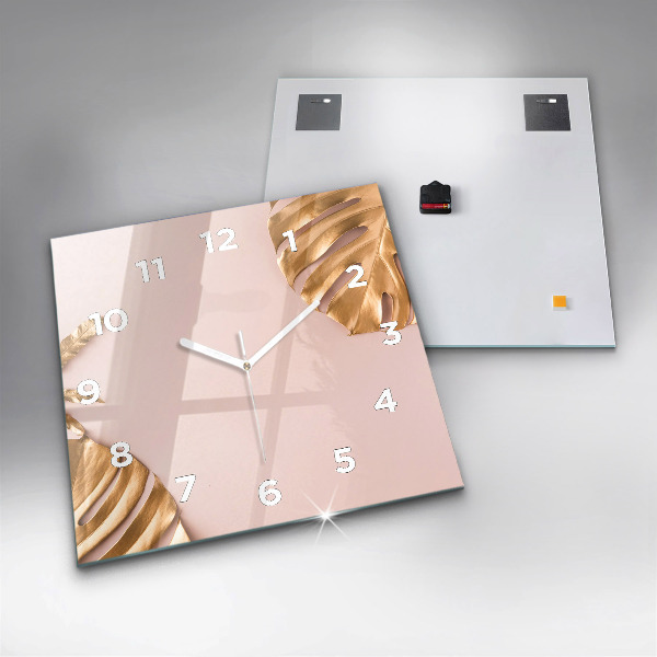 Ceas pătrat de perete din sticlă Frunze tropicale aurii